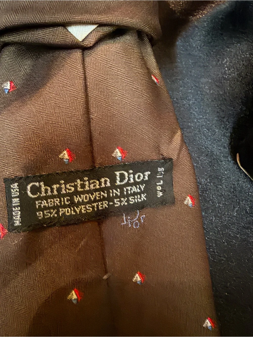 Dior Brown Silk Tie with Tiny Red & White Motifs